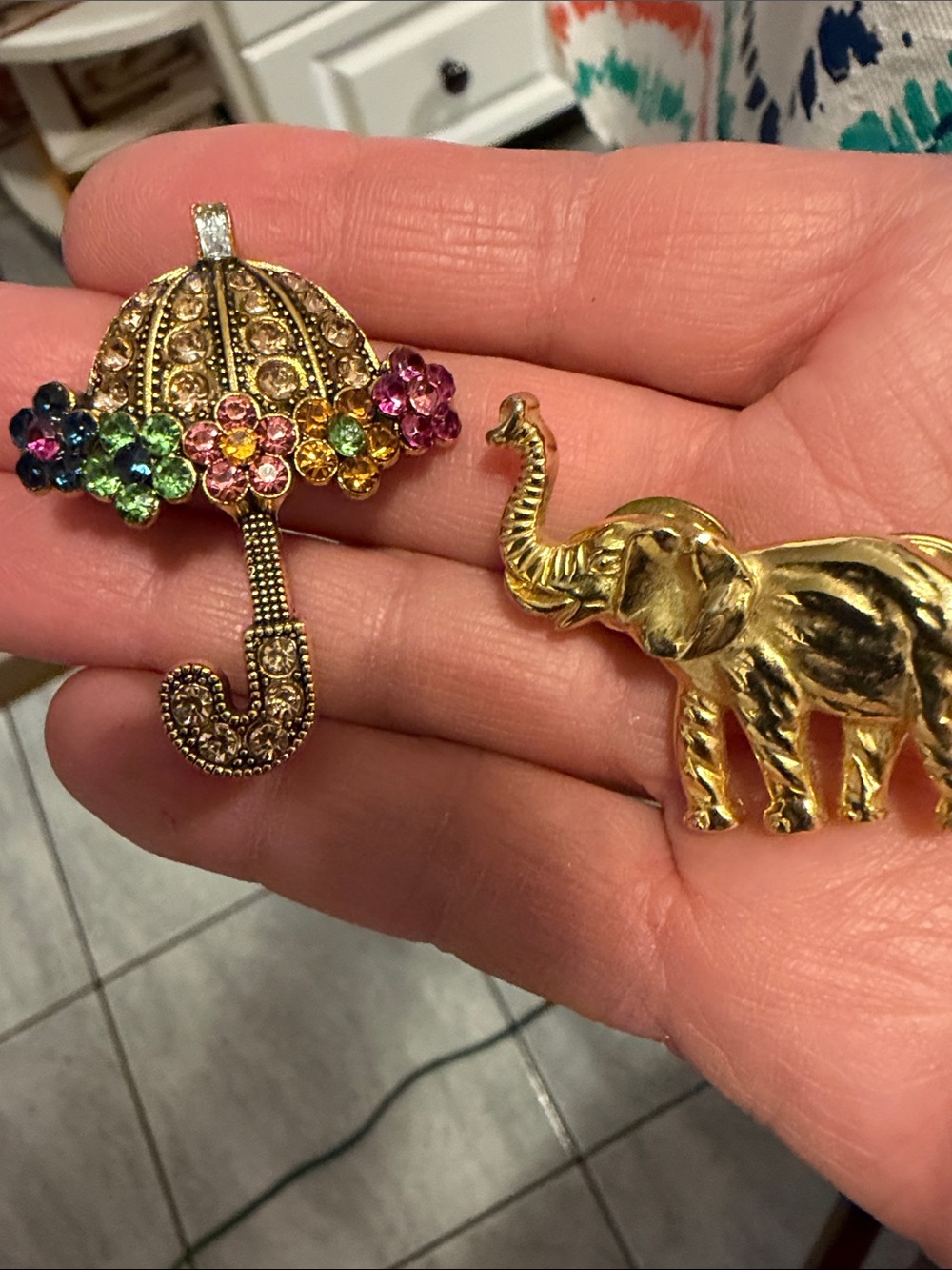 Vintage pins; umbrella with crystals; elephant tack bag see pics like new